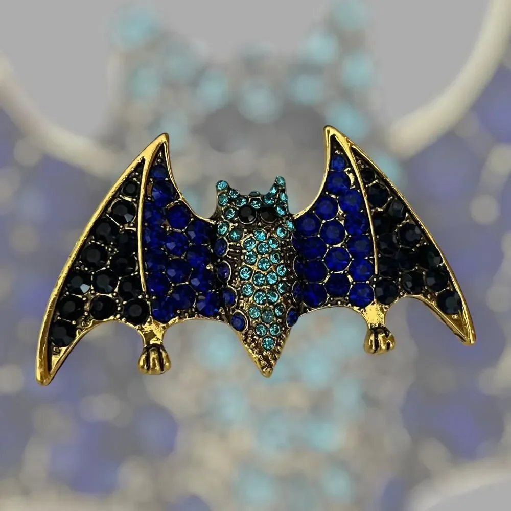 Stunning Elegant Halloween Bat Pin  - Sparkling Rhinestone Brooch BLUE/GOLD